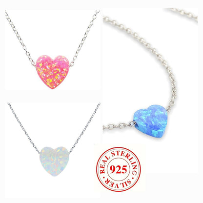 Blue Pink White Opal Heart Charm Pendant & Chain 16" Necklace in 925 Sterling Silver - C5090019