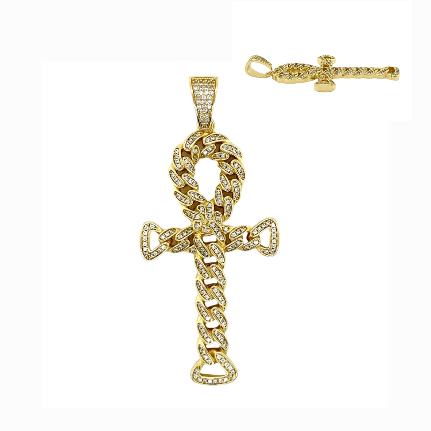 Cuban Link Iced Out Cubic Zirconia Sterling 2.8" Ankh Cross Charm Pendant - C4134689