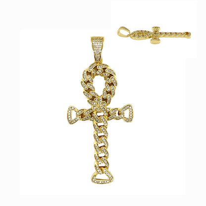 Cuban Link Iced Out Cubic Zirconia Sterling 2.8" Ankh Cross Charm Pendant - C4134689