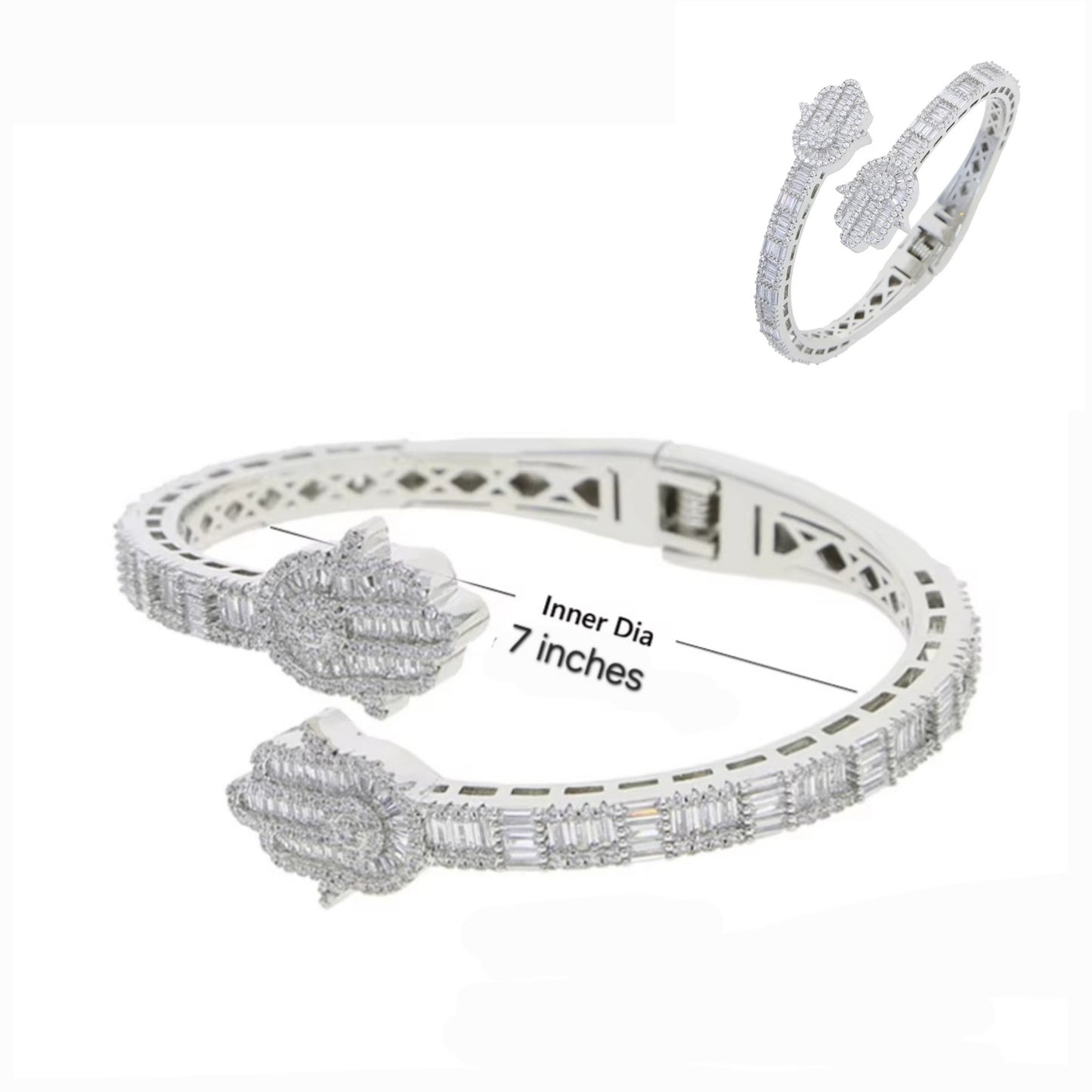 925 Sterling Silver Cubic Zirconia two prominent Hamsa 7" Bangle Bracelet - C300049