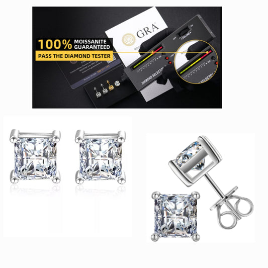 0.8/1/2/2.4/5CT Moissanite 4/4.5/5.5/6/7.5MM 925 Sterling Silver Square Crystal Earrings Stud 4 Prongs Stud Earrings - M200059