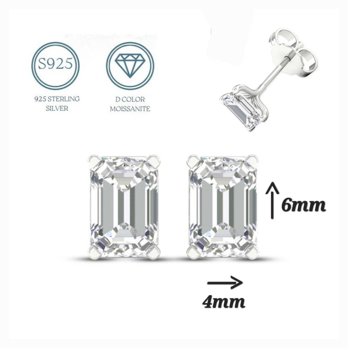 1.6ct Emerald Cut 4x6mm Moissanite 925 Sterling Silver Stud Earrings - M200039