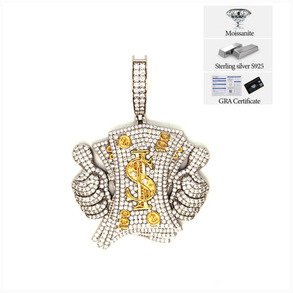 4.75CT Moissanite Like Money Dollars Two Tone 14k Gold Plated and Sterling 925 Pendant Charm - M400119