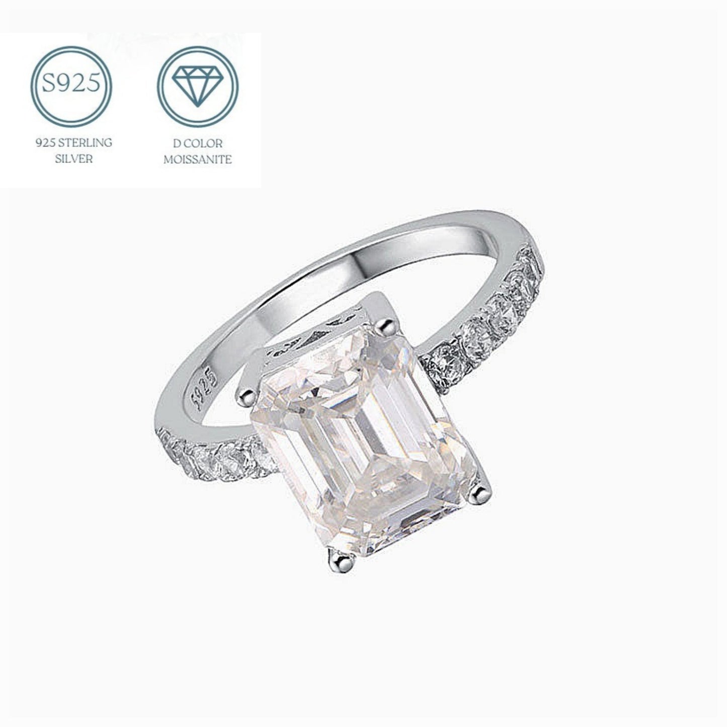 Engagement Emerald Cut Shaped 2.39CT Moissanite 925 Silver Ring - M100189