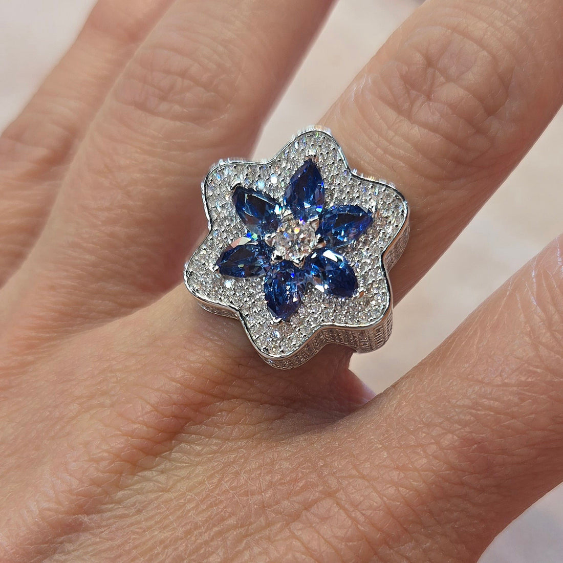 Starlit Blossom Blue Pear Floral Ring