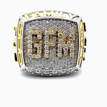 God Family Money custom ring, front view with raised GFM letters