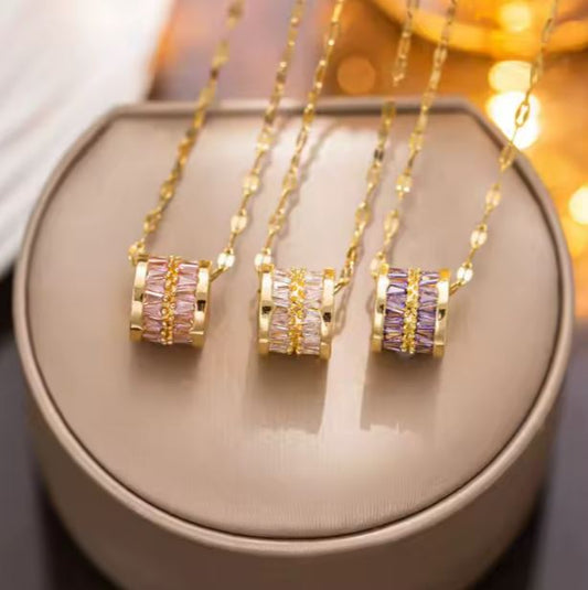 Gold-Tone Stainless Steel Zircon Spacer Bead Pendant Necklace - 10x12MM Luxury Statement Piece