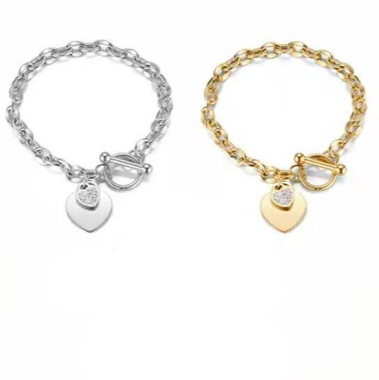 Double Heart Tag Stainless Steel Bracelet Gold & Silver Heart Link Bracelets