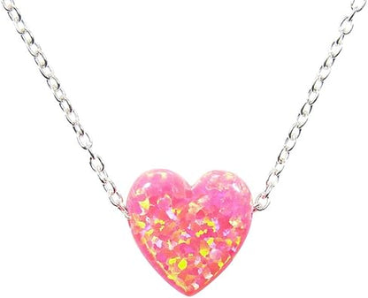 Blue Pink White Opal Heart Charm Pendant & Chain 16" Necklace in 925 Sterling Silver - C5090019