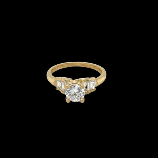 14K Gold CZ Round & Baguette Ring