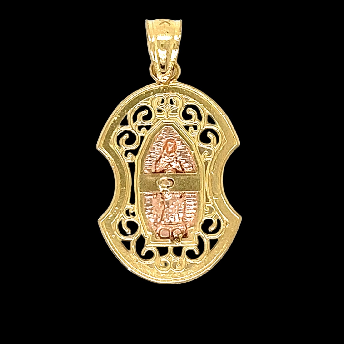 Colgante de Virgen de Guadalupe de dos tonos de oro de 14 quilates