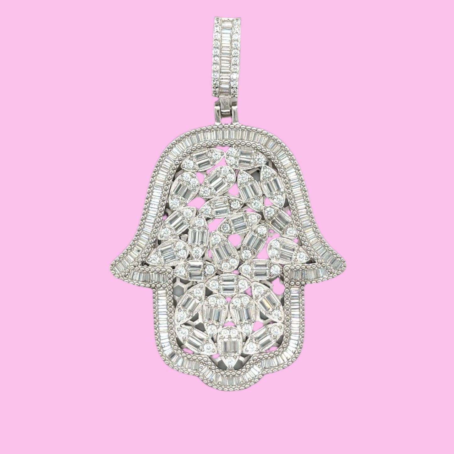 2" Hamsa Hand  Round and Baguette Moissanite Pendant Charm - M400049