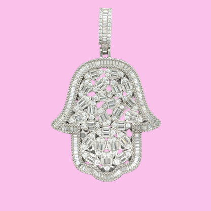 2" Hamsa Hand  Round and Baguette Moissanite Pendant Charm - M400049