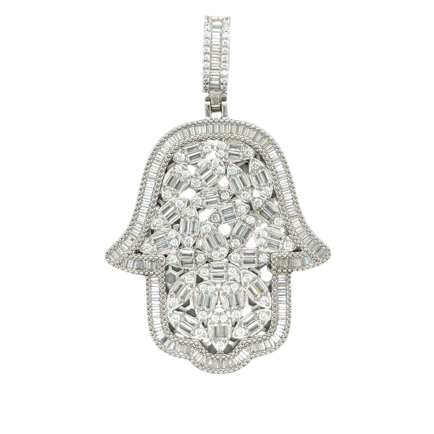 2" Hamsa Hand  Round and Baguette Moissanite Pendant Charm - M400049