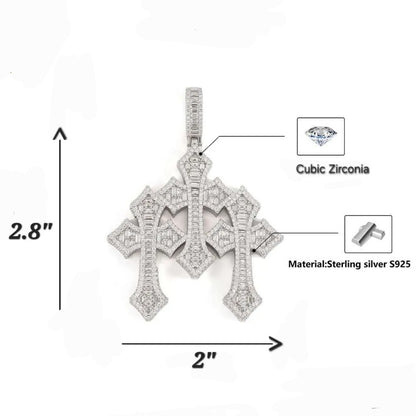 Baguette and Round Cubic Zirconia Triple Ornamental Cross Pendant 2" Charm - C400099