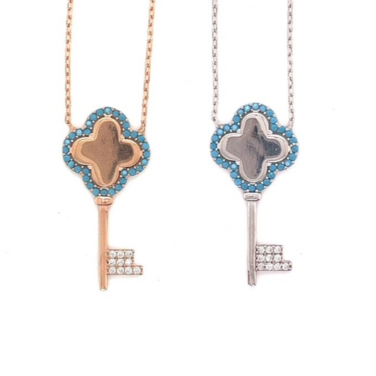 Blue Topaz Clover Flower Key Zirconia Sterling Necklace Chain - C50349