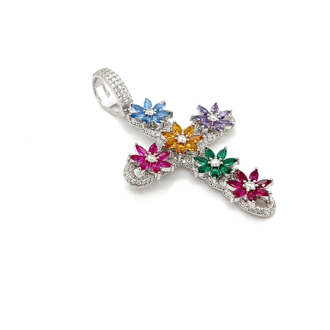Floral Cross Pendant in Sterling Silver with Moissanite & Multi-Gem Accents