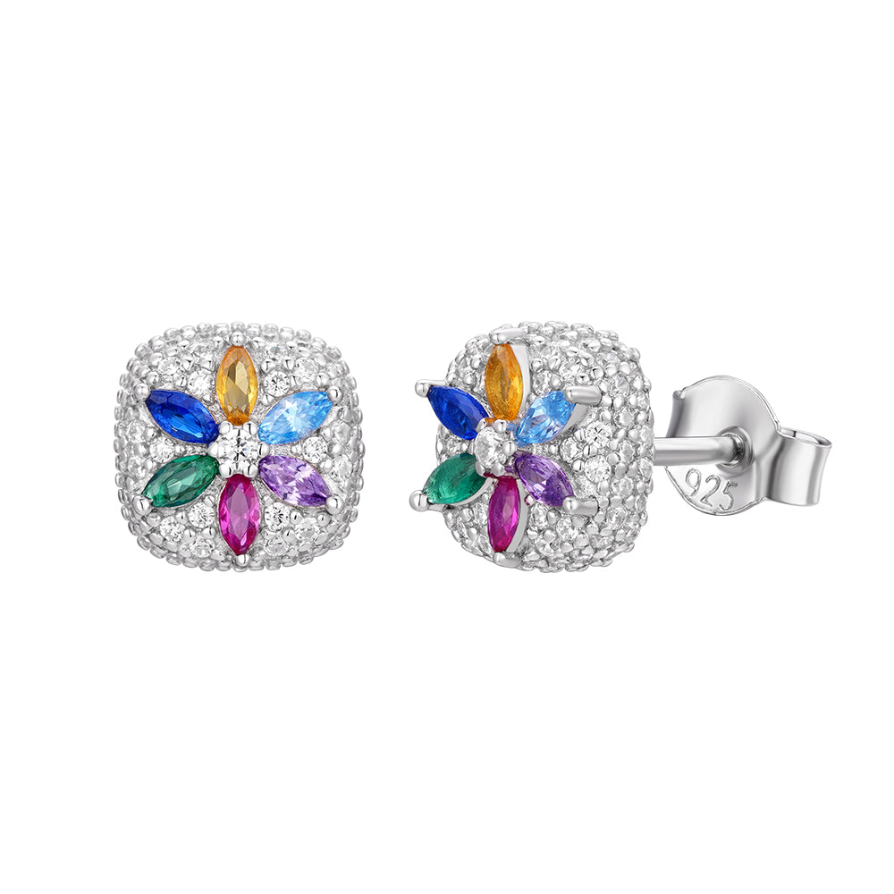 Multi-Color Flower Pavé Cushion Stud Earring