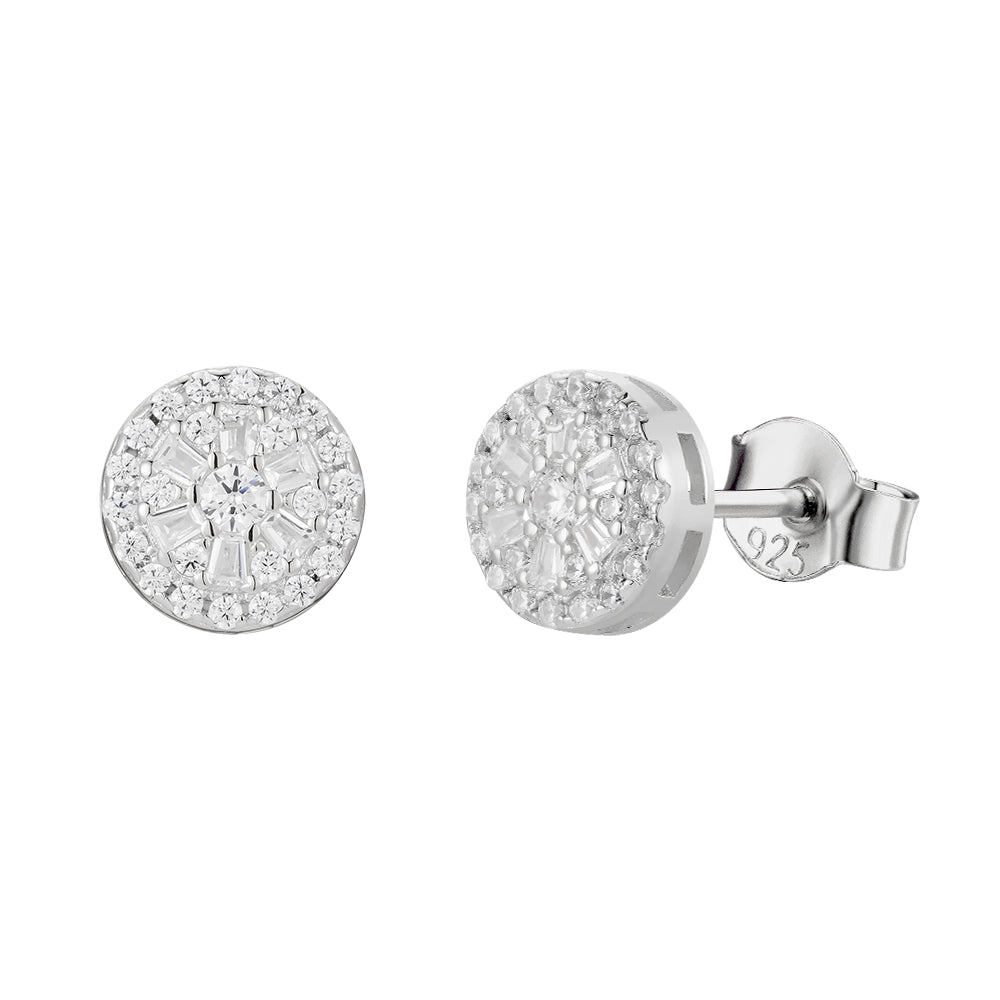 Classic Round Pavé & Baguette Halo Stud Earrings