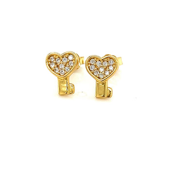 Dainty Heart Key Stud Earrings with Cubic Zirconia Accents