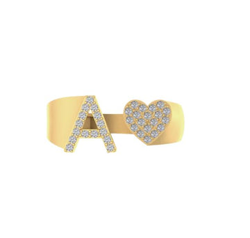 10k Gold White Diamond Heart Initial Letter Stylish Ring