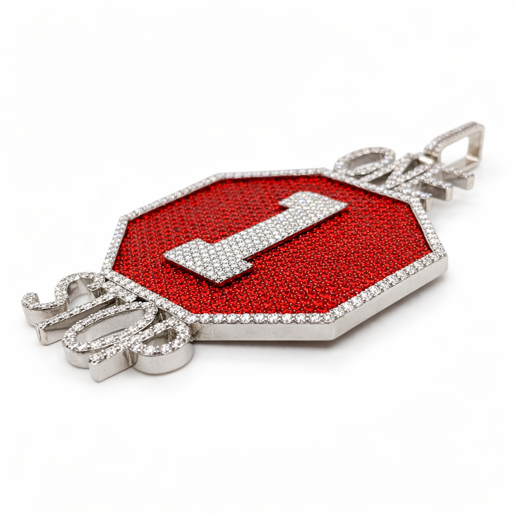 “One Stop” Custom Octagon Pendant in Silver with Moissanite & Red CZ