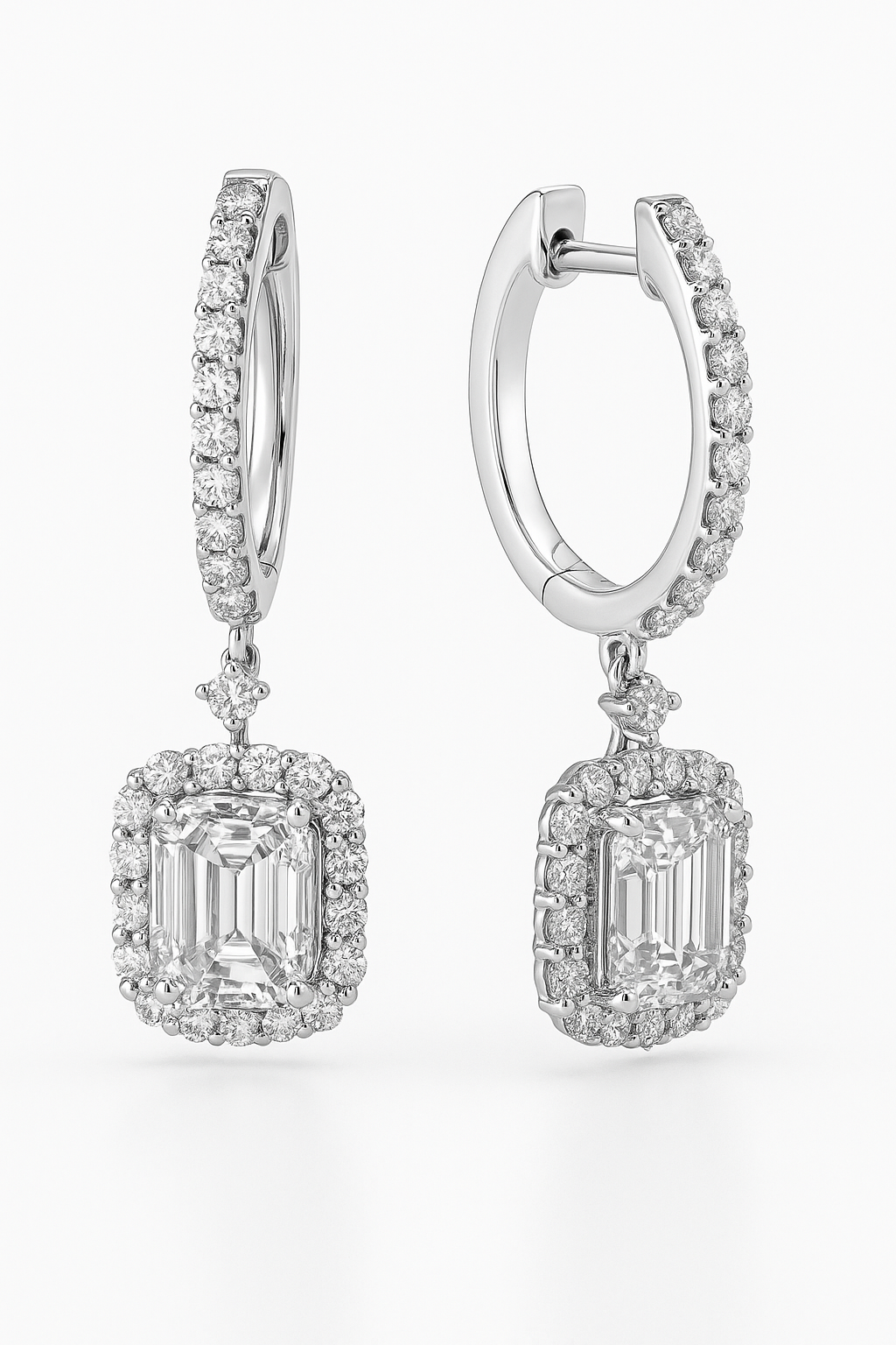 Radiant Elegance Emerald-Cut Halo Drop 18k White-Gold Earrings