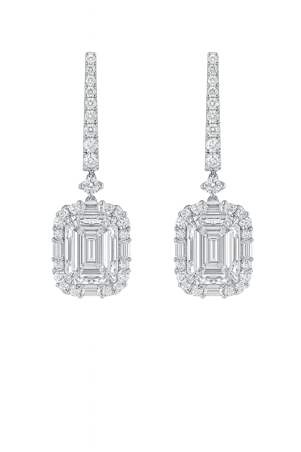 Radiant Elegance Emerald-Cut Halo Drop 18k White-Gold Earrings