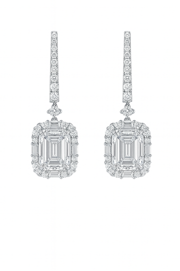 Radiant Elegance Emerald-Cut Halo Drop 18k White-Gold Earrings
