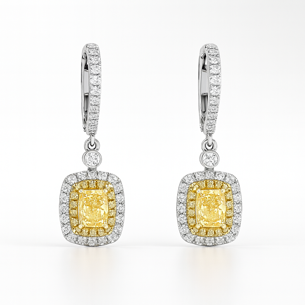 14K White Gold  1.24ct Fancy Yellow Diamond Halo Drop Earrings