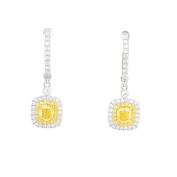 14K White Gold  1.24ct Fancy Yellow Diamond Halo Drop Earrings