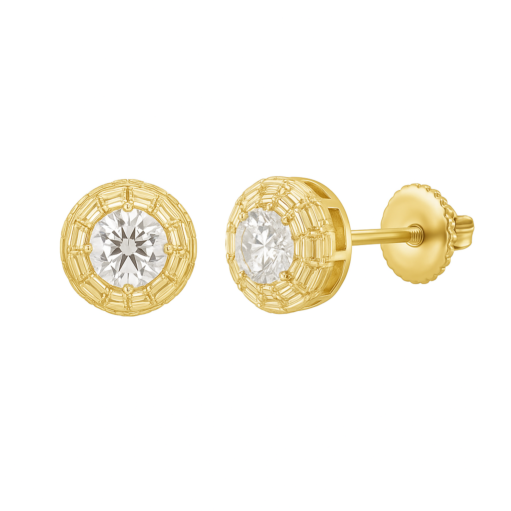 Halo Baguette Round Stud Earrings