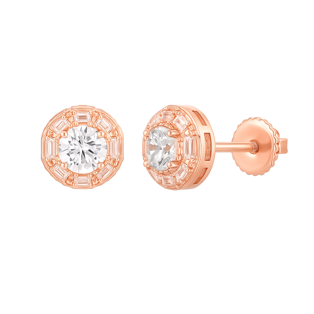 Halo Baguette Round Stud Earrings