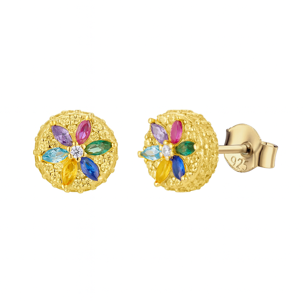 Multi-Gemstone Flower Round Stud Earrings