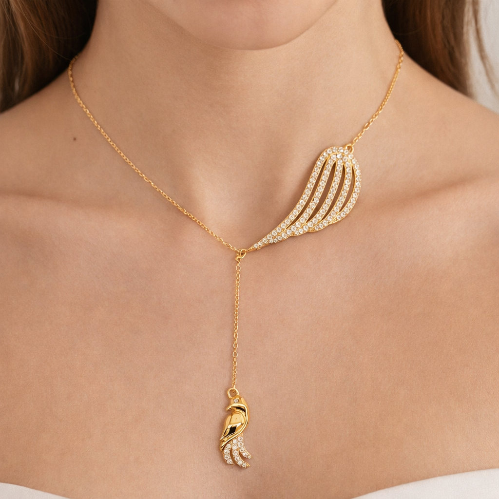 925 Sterling Silver Cubic Zirconia Feather Bird Necklace