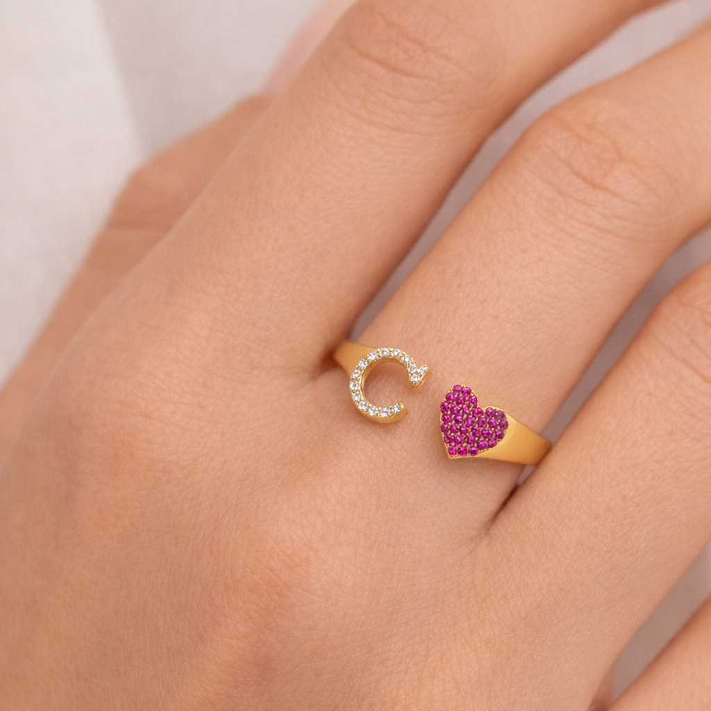 Gold Initial Pink Heart Diamond Ring