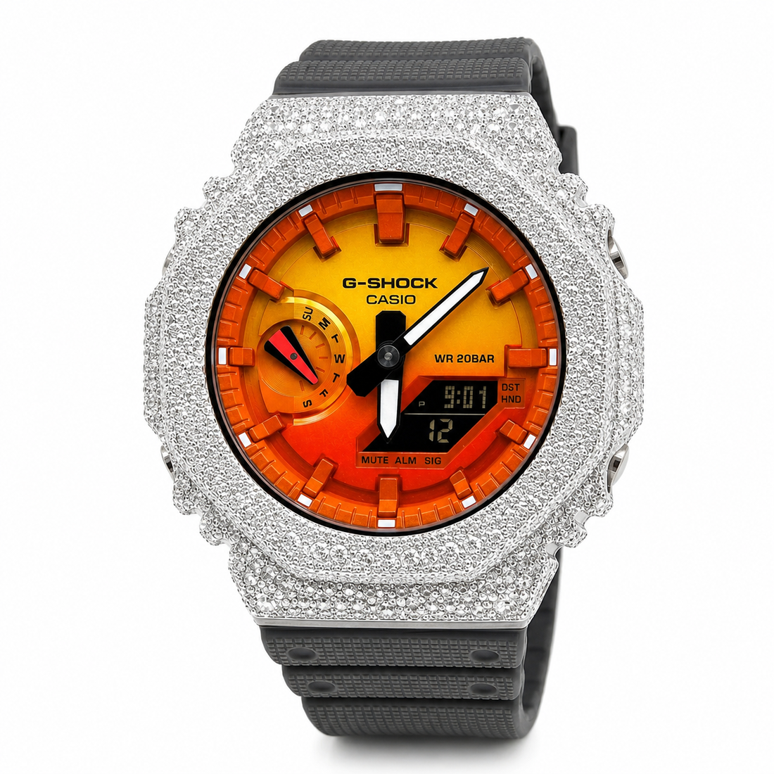 G-Shock Casio Watch Sunset Orange-Red Original Luxury Lab-Grown Moissanite Silver Grey Wristband Edition