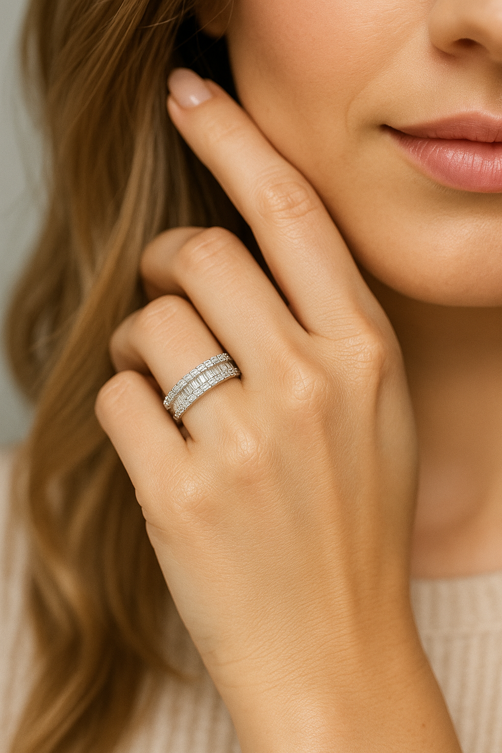 14K White Gold Baguette Cut & Round Natural Diamonds Band RING