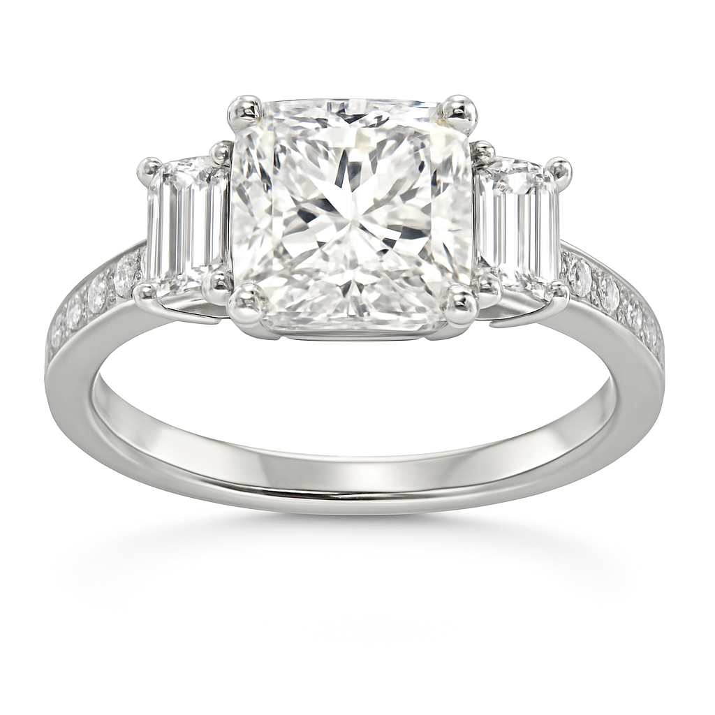 18k White Gold Three Diamonds Cushion Emerald Cut Engagement Ring