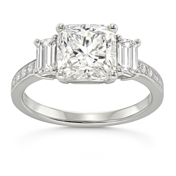18k White Gold Three Diamonds Cushion Emerald Cut Engagement Ring