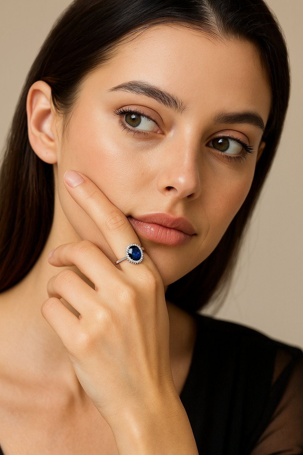 14k White Gold Princess Diana Oval Blue Diamond Engagement Women Ring