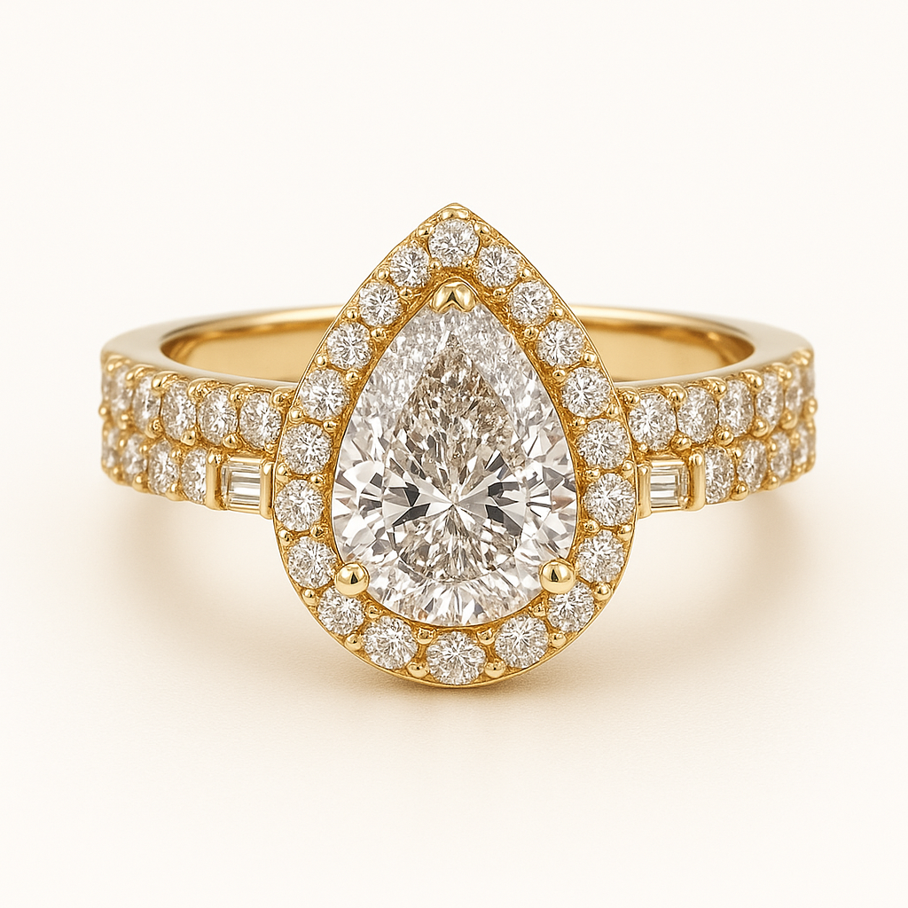 14k Gold Diamonds Engagement Pear Set Double Ring