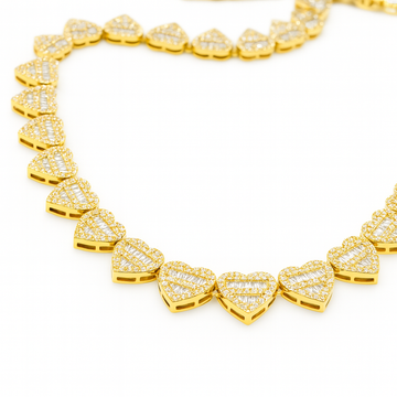 10K Gold Hearts Brilliant Baguette Diamonds Chain Necklace