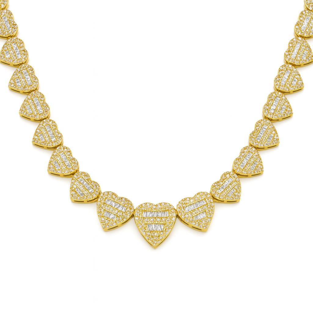 10K Gold Hearts Brilliant Baguette Diamonds Chain Necklace