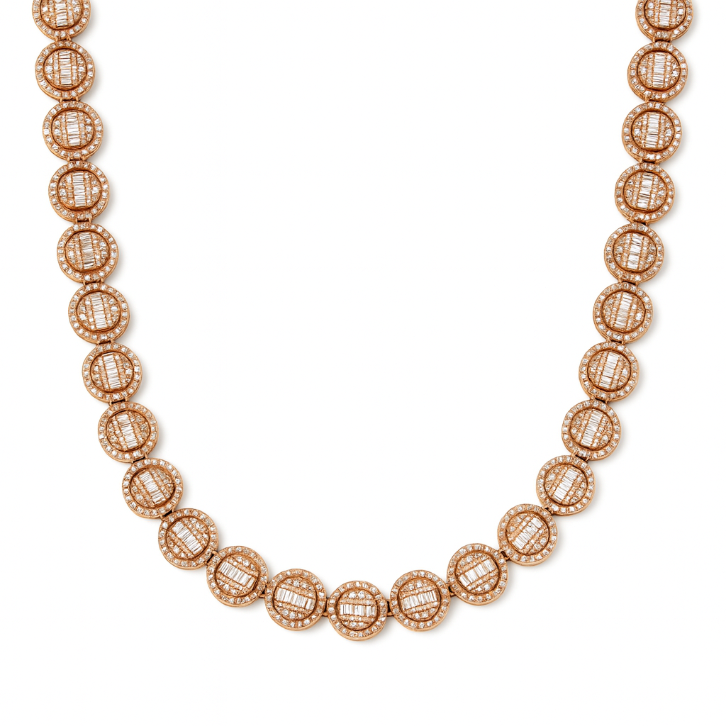 10K Rose-Gold Round Circle Baguette Diamonds Chain Necklace