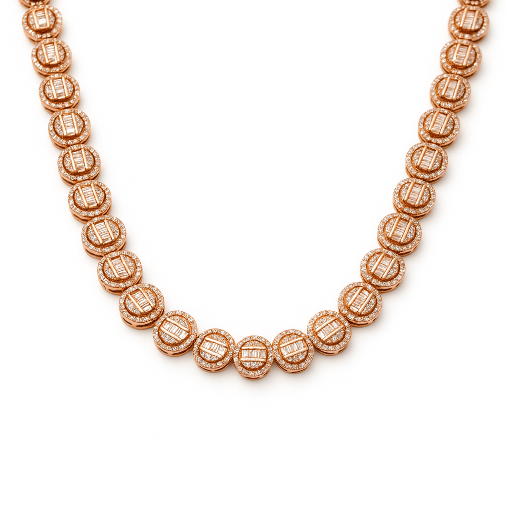 10K Rose-Gold Round Circle Baguette Diamonds Chain Necklace