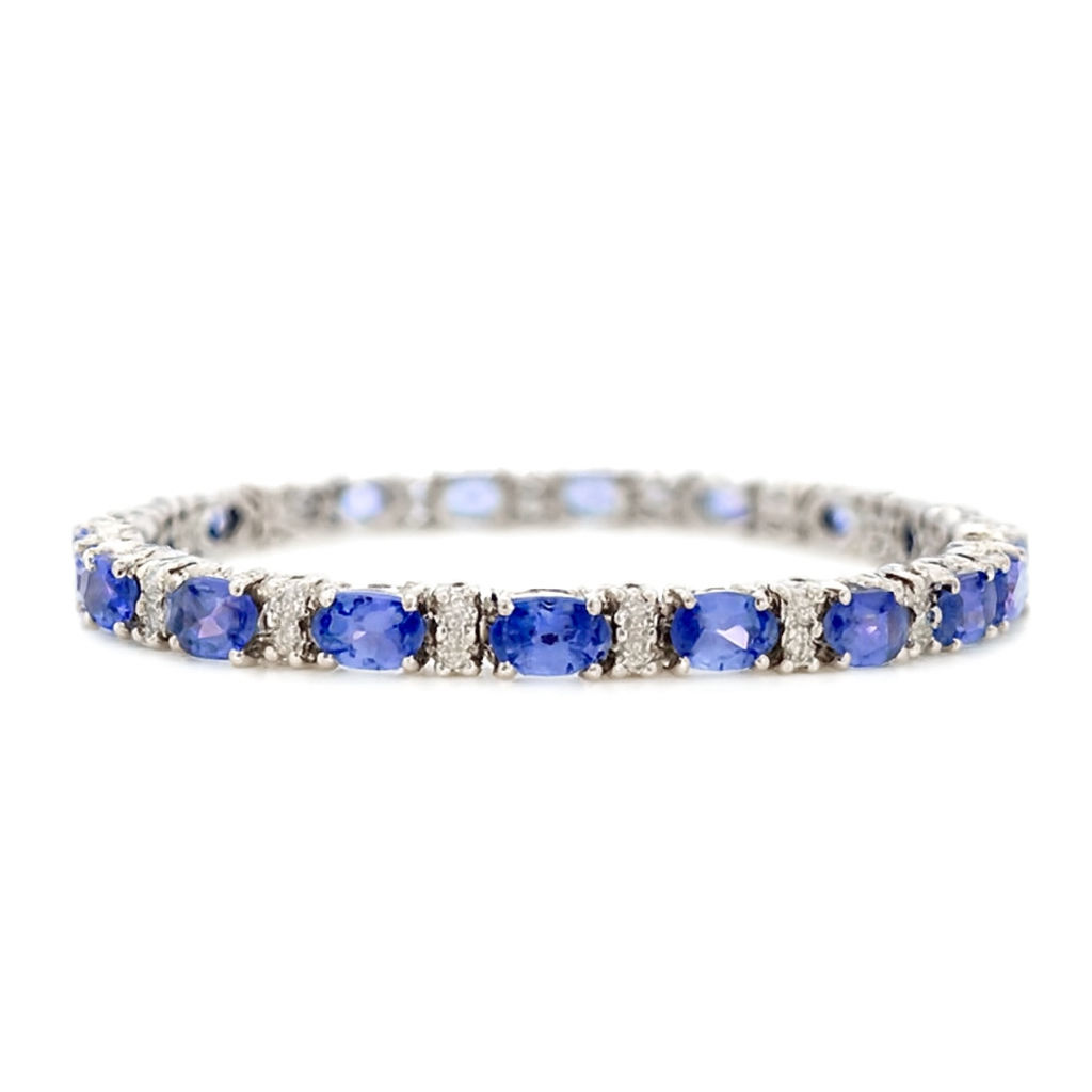 14k White Gold Blue Sapphire Oval Diamond Bracelet