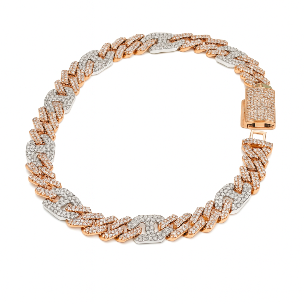 Men's 10k White-Rose Cuban Link Natural Diamond Bracelet