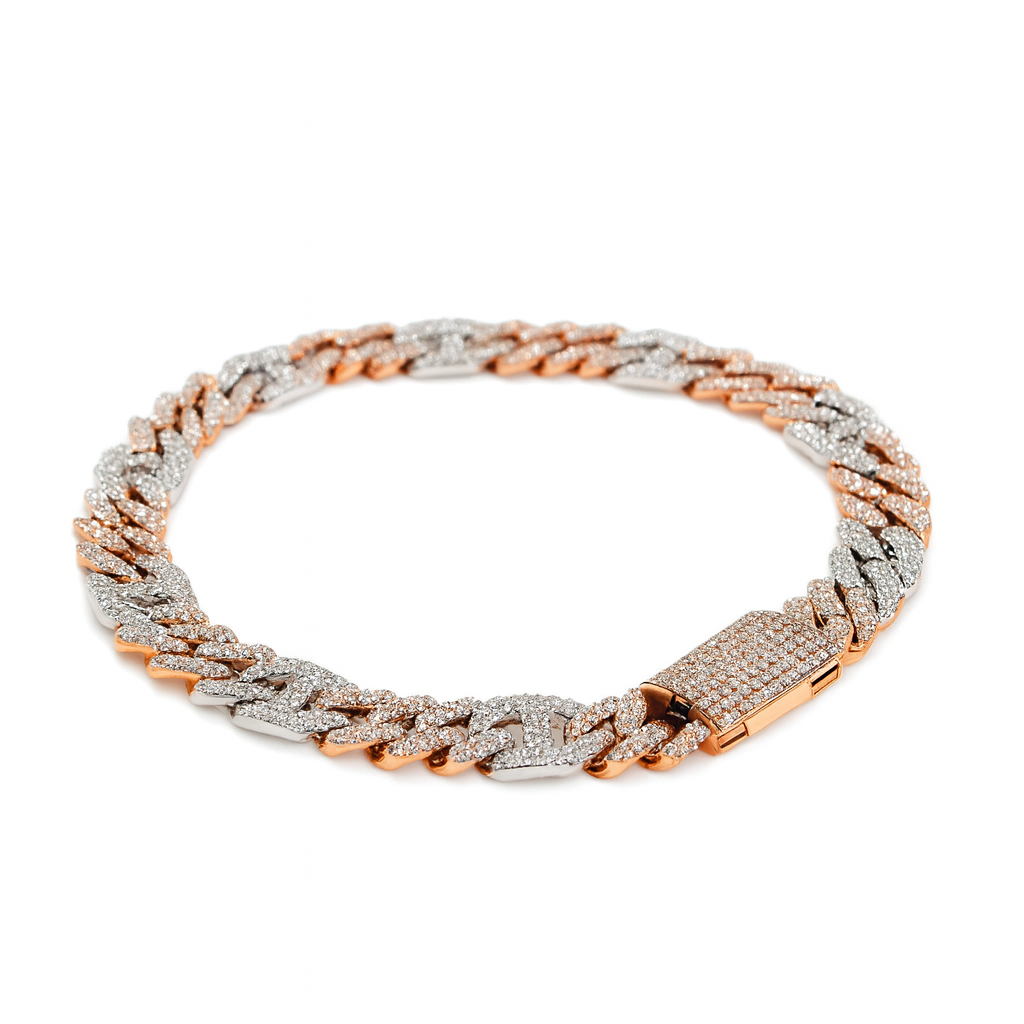 Men's 10k White-Rose Cuban Link Natural Diamond Bracelet