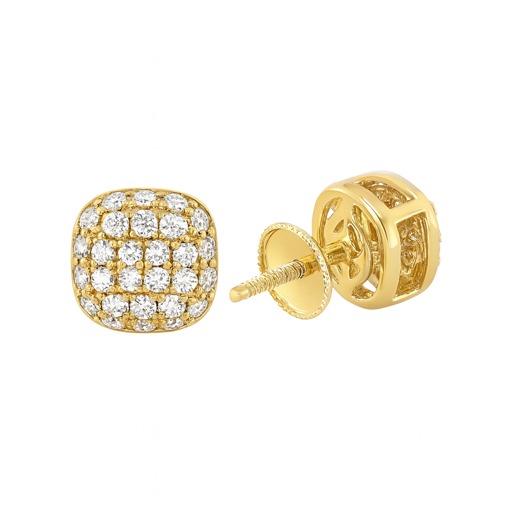 14K Gold Diamond Grid Cushion Stud Earrings